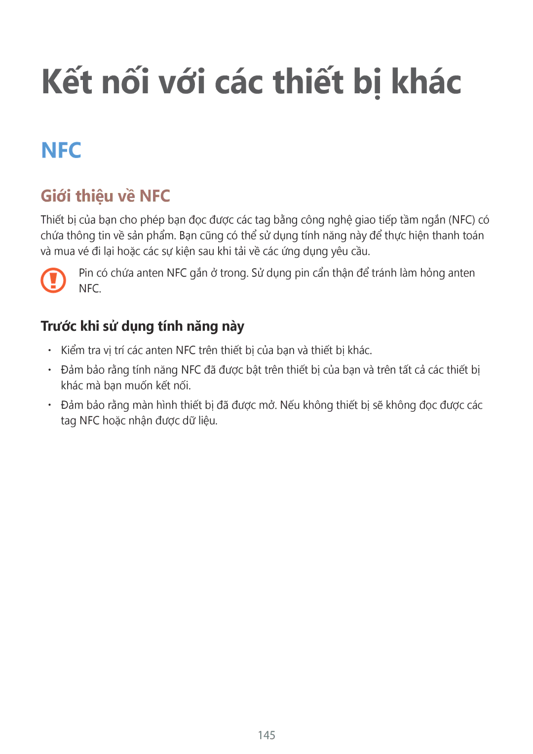 Samsung SM-C1110ZWAXXV, SM-C1110ZKAXXV, SM-C1110ZBAXXV manual Kết nối với các thiết bị khác, Giới thiệu về NFC, 145 