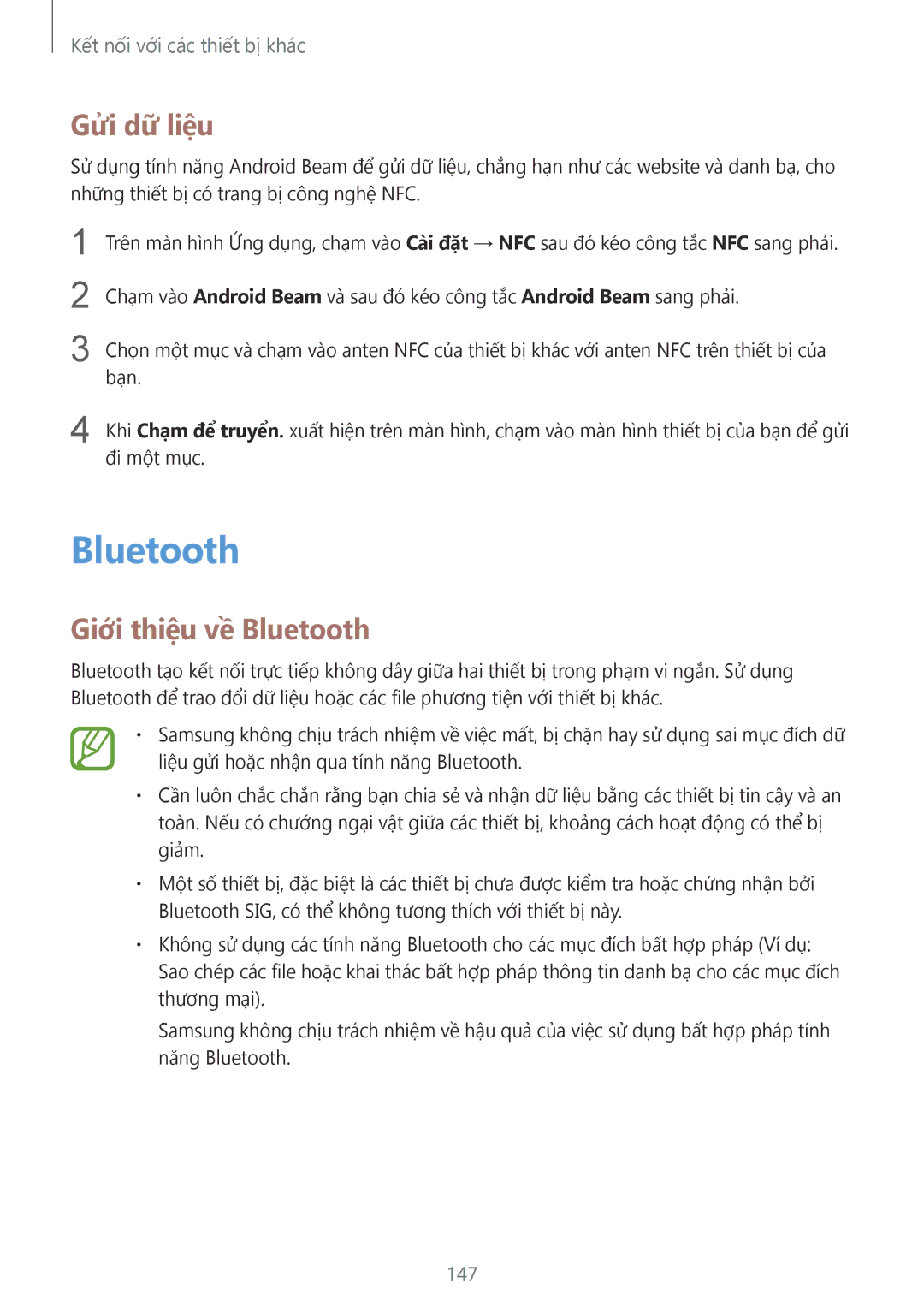 Samsung SM-C1110ZKAXXV, SM-C1110ZWAXXV, SM-C1110ZBAXXV manual Gửi dữ liệu, Giới thiệu về Bluetooth, 147 