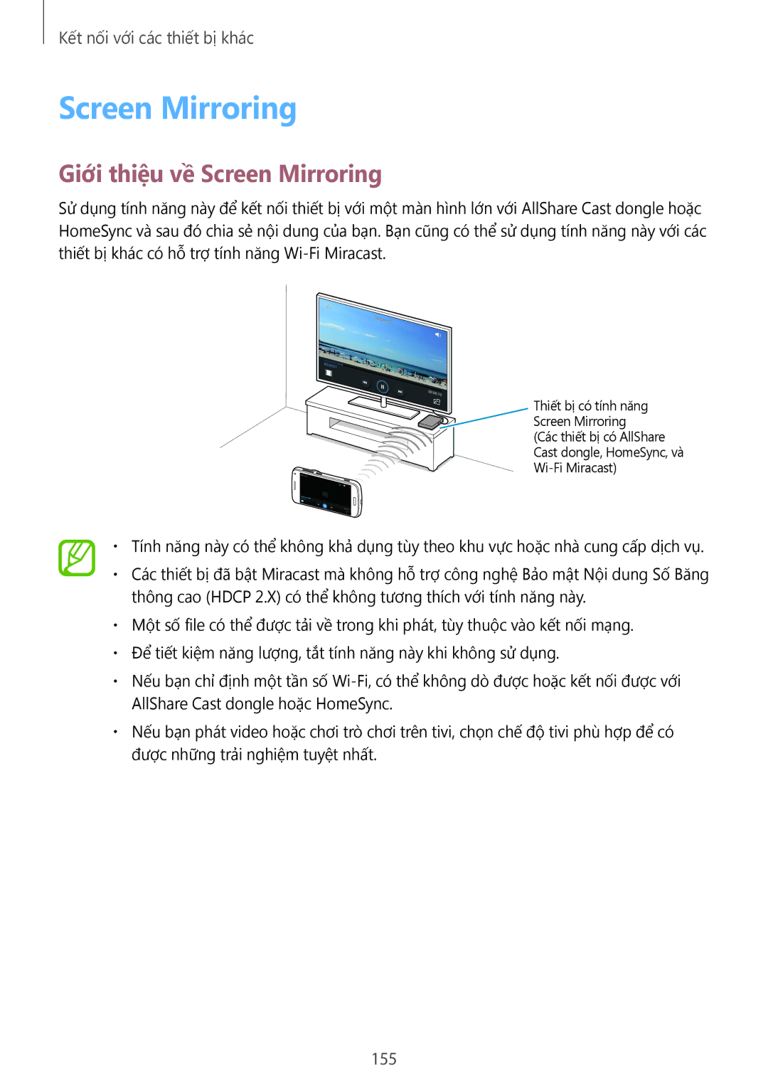 Samsung SM-C1110ZBAXXV, SM-C1110ZKAXXV, SM-C1110ZWAXXV manual Giới thiệu về Screen Mirroring, 155 