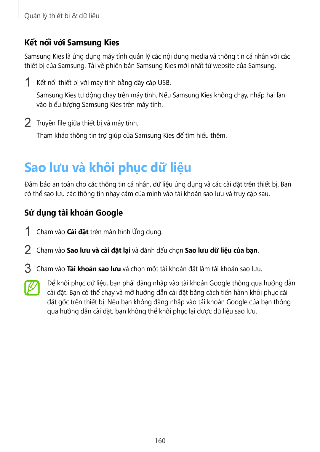 Samsung SM-C1110ZWAXXV manual Sao lưu và̀ khôi phục dữ liệu, Kết nối với Samsung Kies, Sử dụng tà̀i khoản Google, 160 