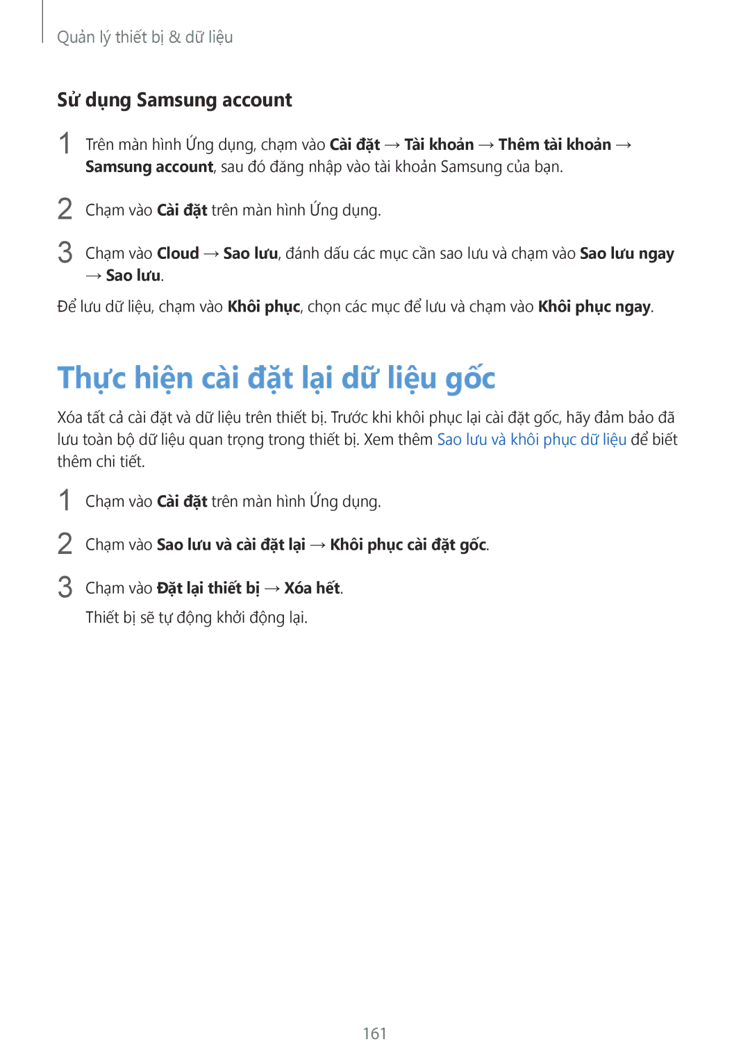 Samsung SM-C1110ZBAXXV, SM-C1110ZKAXXV manual Thực hiện cà̀i đặt lại dữ liệu gốc, Sử dụng Samsung account, 161, → Sao lưu 