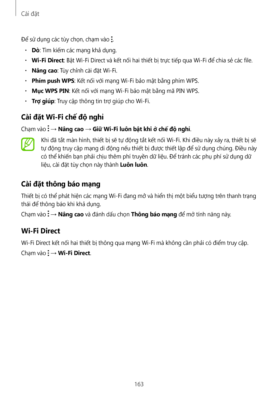 Samsung SM-C1110ZWAXXV, SM-C1110ZKAXXV manual Cà̀i đặt Wi-Fi chế độ nghỉ, Cà̀i đặt thông báo mạng, Wi-Fi Direct, 163 