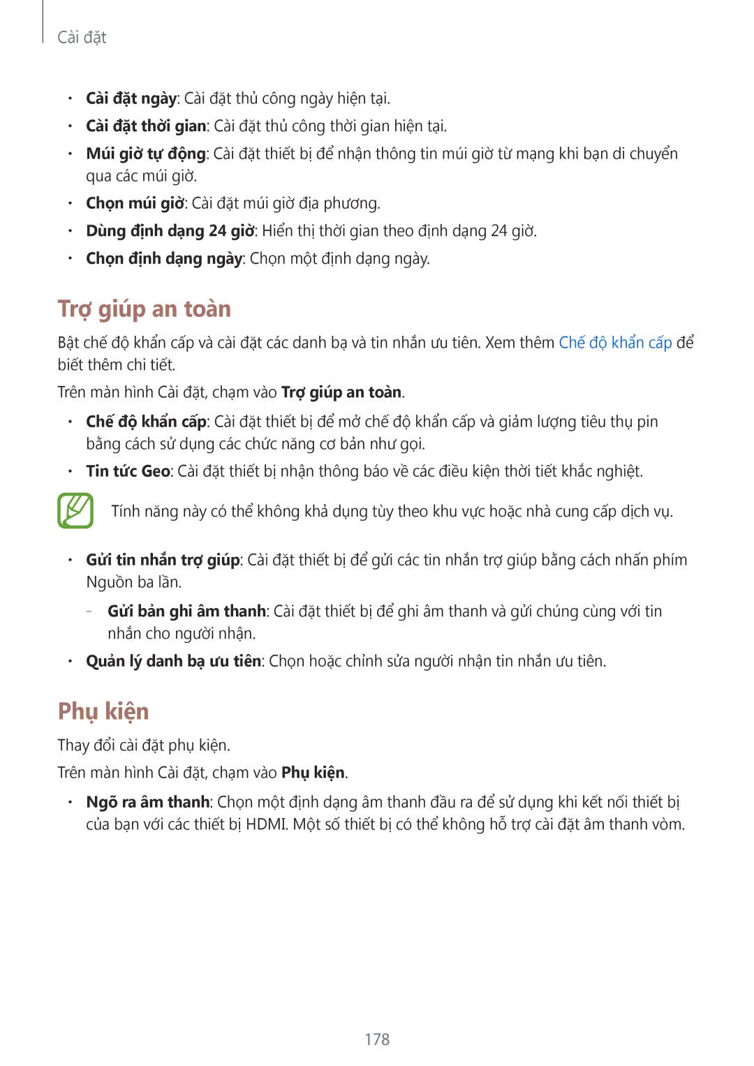 Samsung SM-C1110ZWAXXV, SM-C1110ZKAXXV, SM-C1110ZBAXXV manual Trợ giúp an toà̀n, Phu kiên, 178 