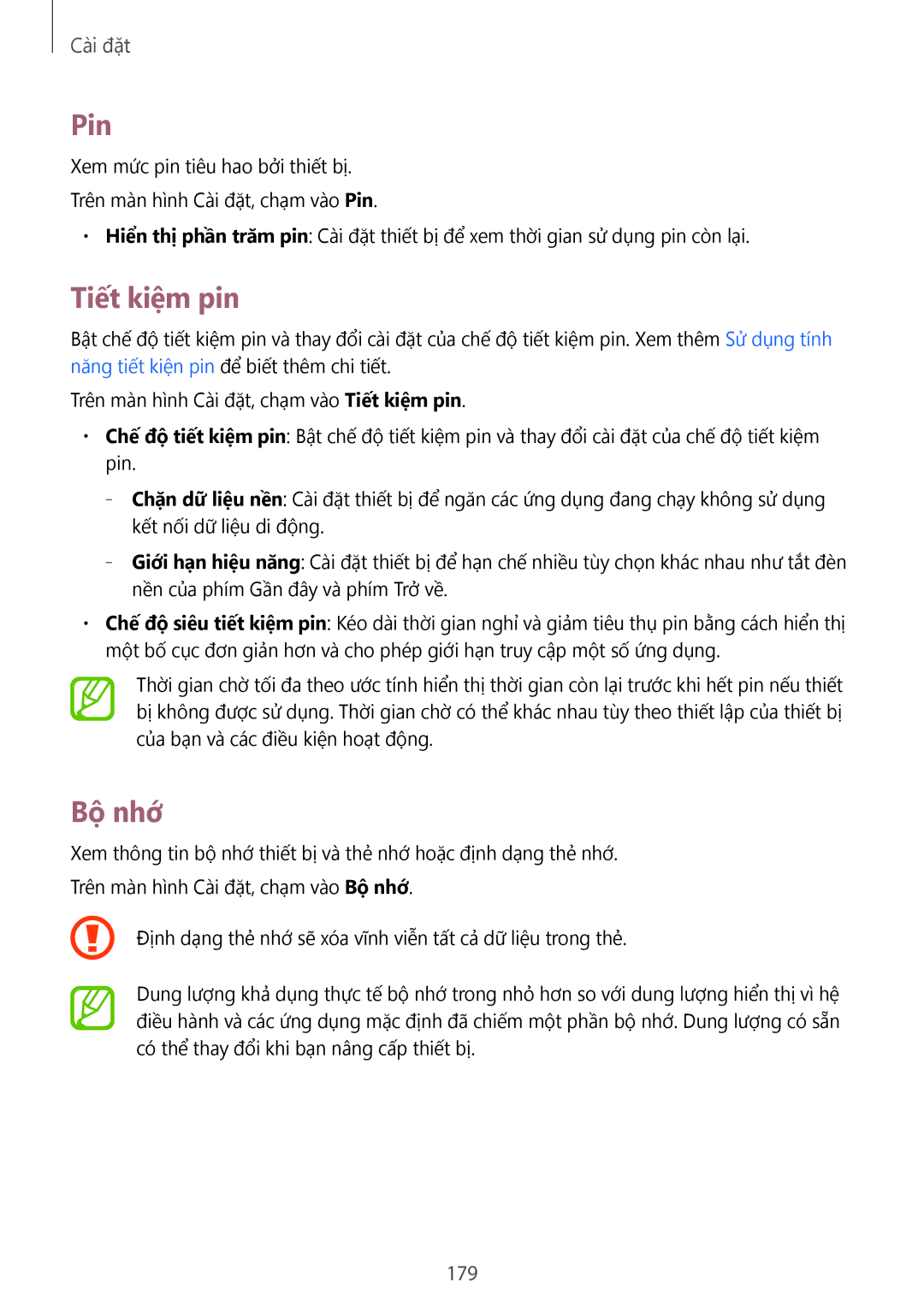 Samsung SM-C1110ZBAXXV, SM-C1110ZKAXXV, SM-C1110ZWAXXV manual Pin, Tiết kiệm pin, Bộ nhớ, 179 