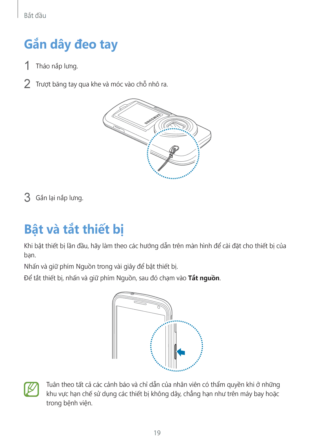 Samsung SM-C1110ZWAXXV, SM-C1110ZKAXXV, SM-C1110ZBAXXV manual Gắn dây đeo tay, Bật và̀ tắt thiết bị 