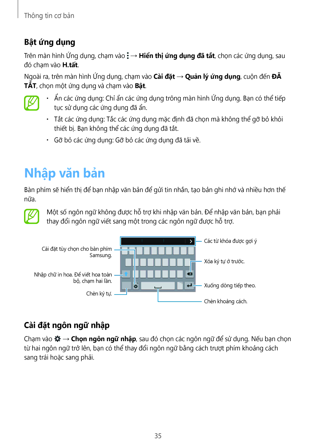 Samsung SM-C1110ZBAXXV, SM-C1110ZKAXXV, SM-C1110ZWAXXV manual Nhập văn bản, Bật ứng dụng, Cà̀i đặt ngôn ngữ nhập 