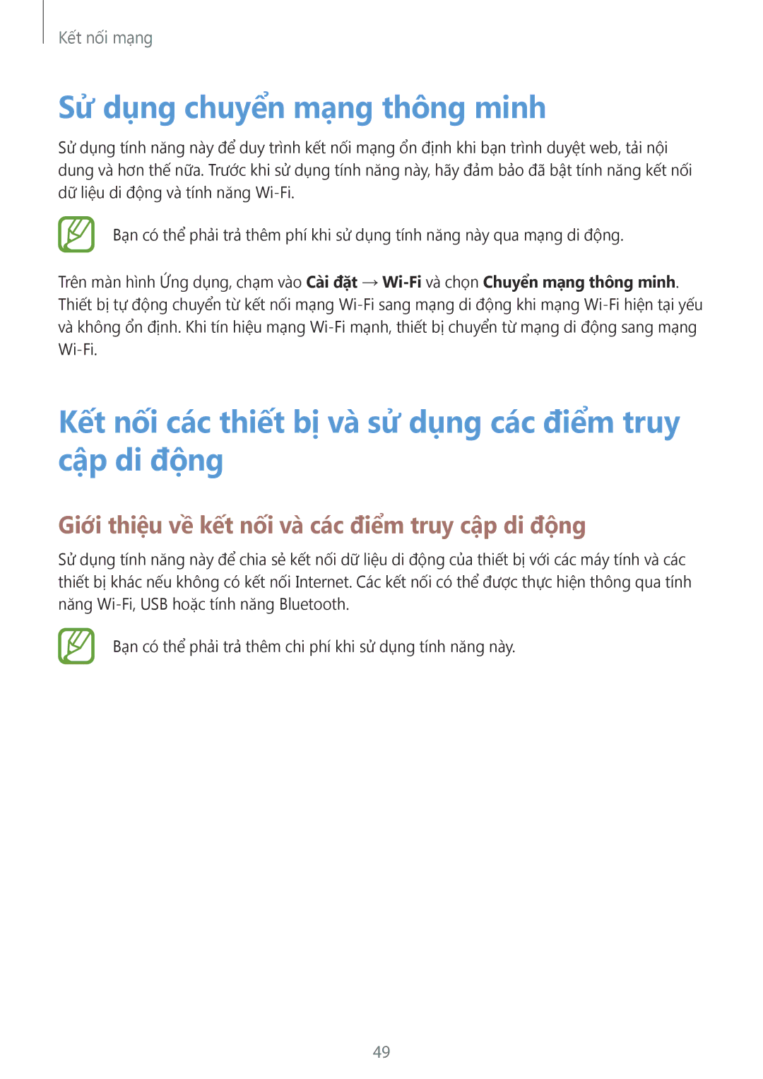 Samsung SM-C1110ZWAXXV manual Sử dụng chuyển mạng thông minh, Kết nối các thiết bị và̀ sử dụng các điểm truy cập di động 
