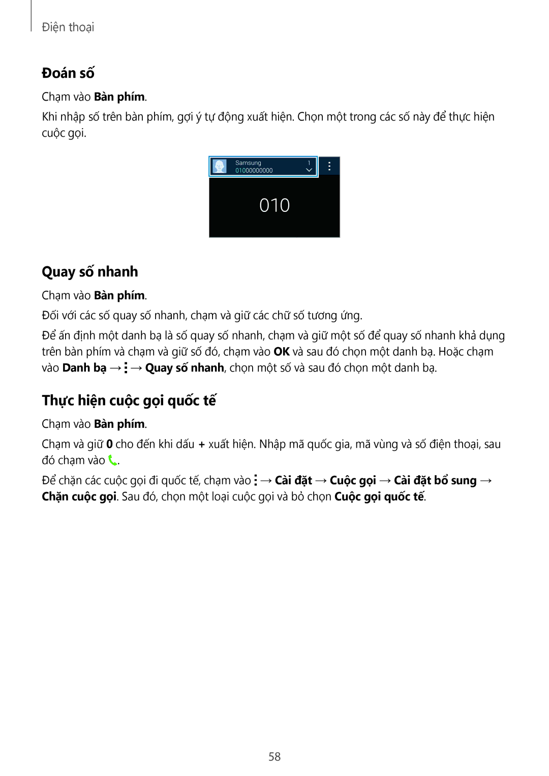 Samsung SM-C1110ZWAXXV, SM-C1110ZKAXXV, SM-C1110ZBAXXV manual Đoán số, Quay số nhanh, Thực hiện cuộc gọi quốc tế 