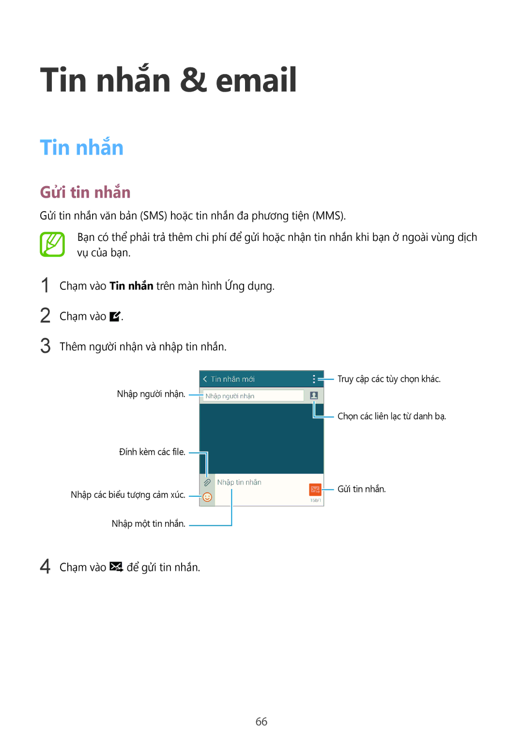 Samsung SM-C1110ZKAXXV, SM-C1110ZWAXXV, SM-C1110ZBAXXV manual Tin nhắn & email, Gửi tin nhắn 