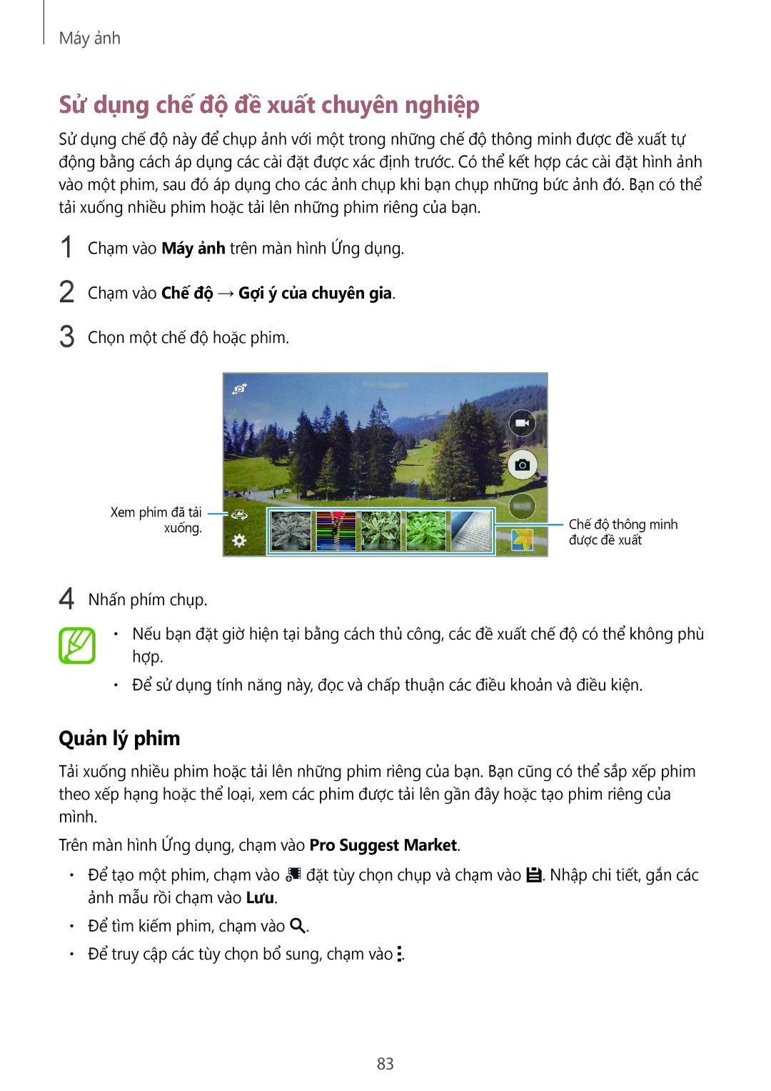 Samsung SM-C1110ZBAXXV manual Sử dụng chế độ đề xuất chuyên nghiệp, Quản lý phim, Chạm vào Chế độ → Gợi ý của chuyên gia 