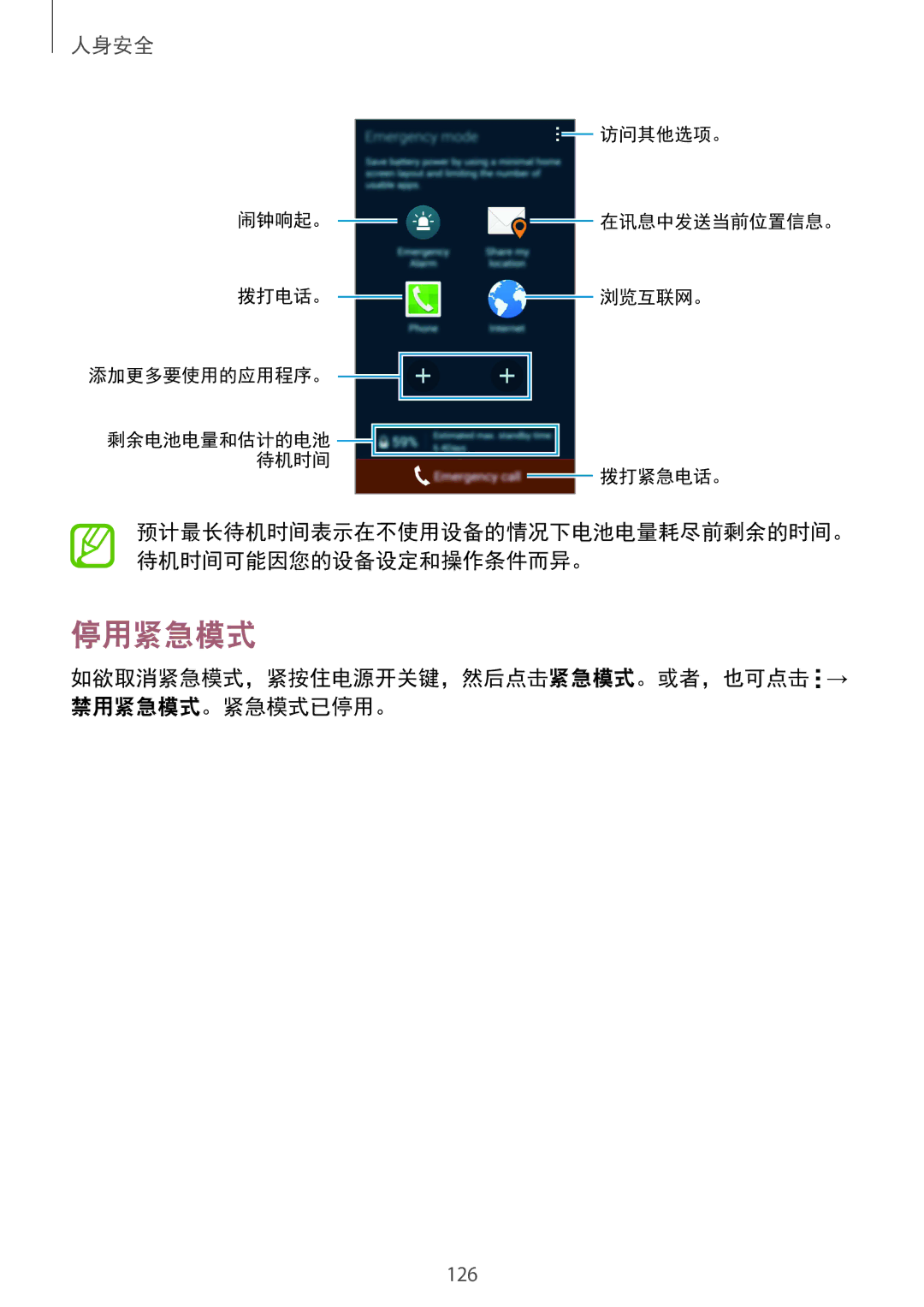 Samsung SM-C1110ZKAXXV, SM-C1110ZWAXXV, SM-C1110ZBAXXV manual 停用紧急模式, 如欲取消紧急模式，紧按住电源开关键，然后点击紧急模式。或者，也可点击 → 禁用紧急模式。紧急模式已停用。 