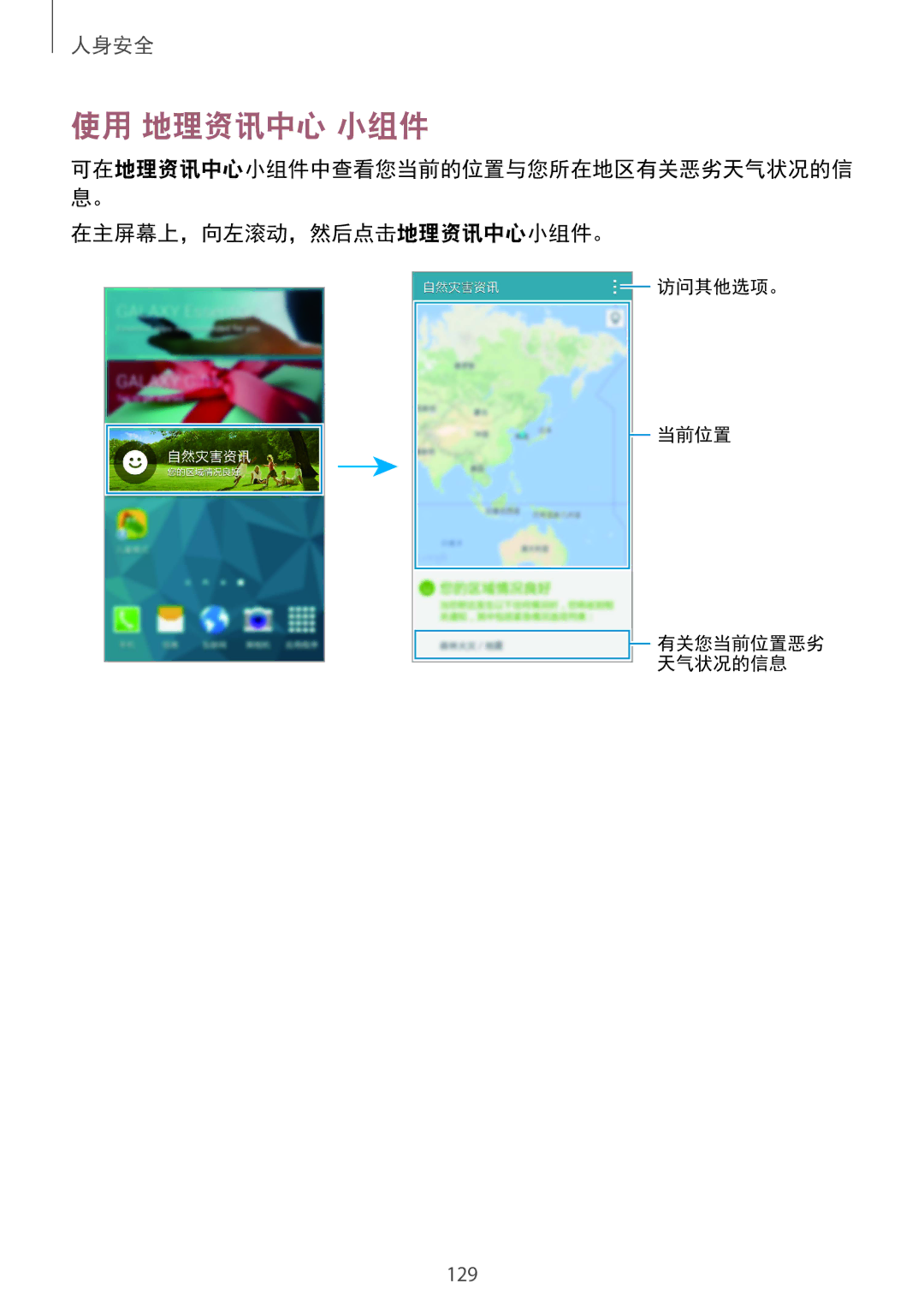 Samsung SM-C1110ZKAXXV, SM-C1110ZWAXXV, SM-C1110ZBAXXV manual 使用 地理资讯中心 小组件, 在主屏幕上，向左滚动，然后点击地理资讯中心小组件。 