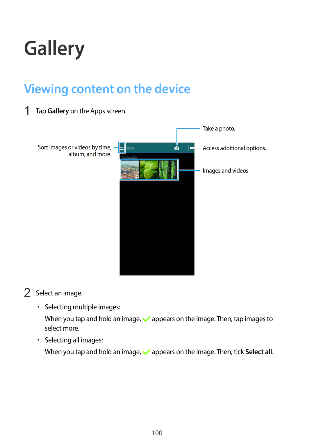 Samsung SM-C1110ZWAXXV, SM-C1110ZKAXXV, SM-C1110ZBAXXV Viewing content on the device, Tap Gallery on the Apps screen 