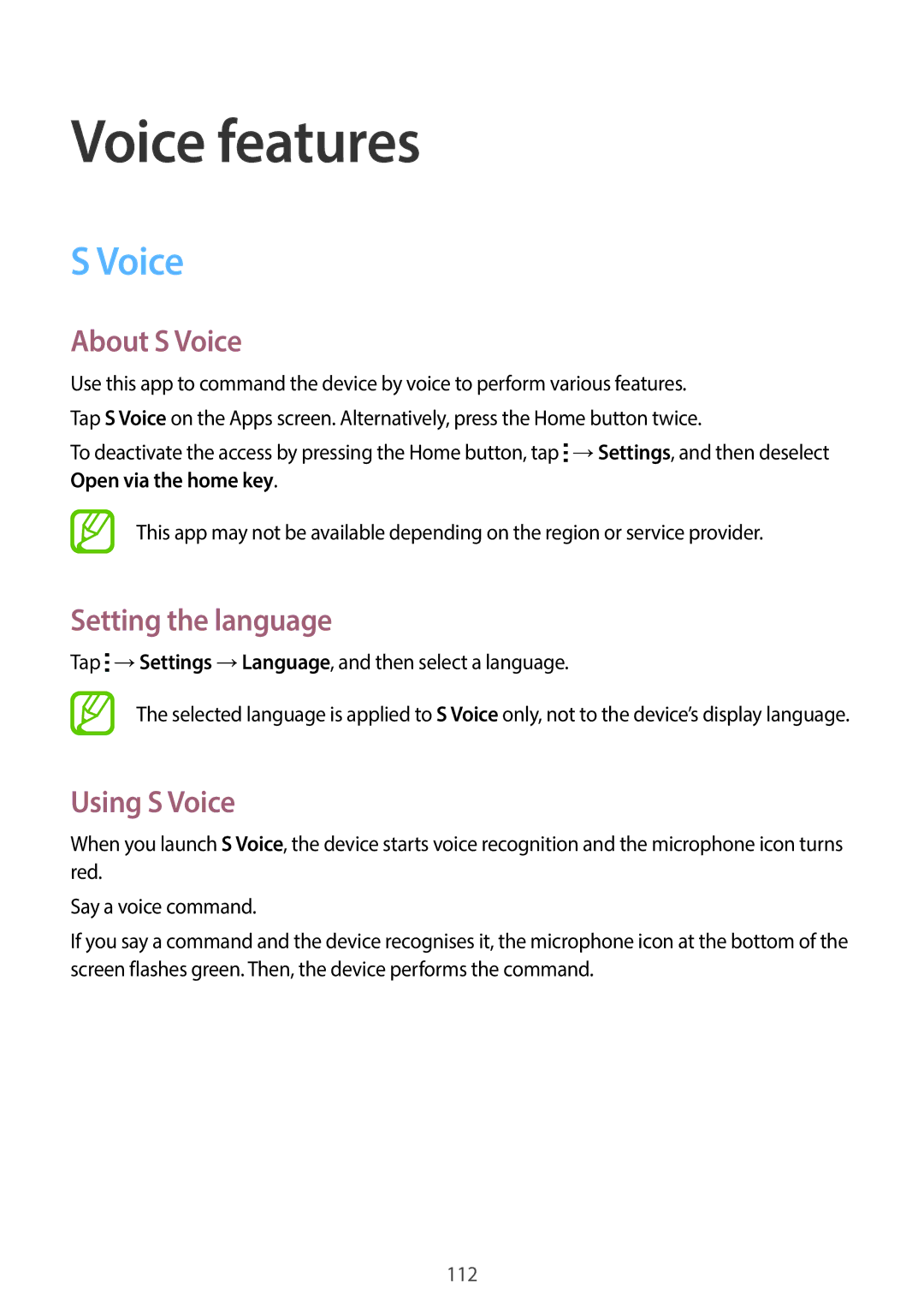 Samsung SM-C1110ZWAXXV, SM-C1110ZKAXXV, SM-C1110ZBAXXV Voice features, About S Voice, Setting the language, Using S Voice 