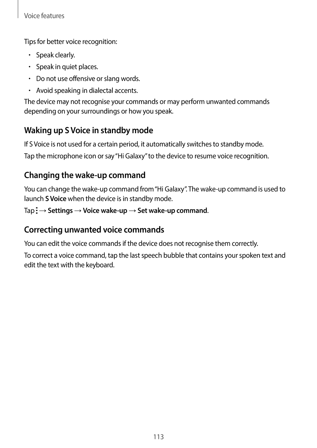 Samsung SM-C1110ZBAXXV Waking up S Voice in standby mode, Changing the wake-up command, Correcting unwanted voice commands 