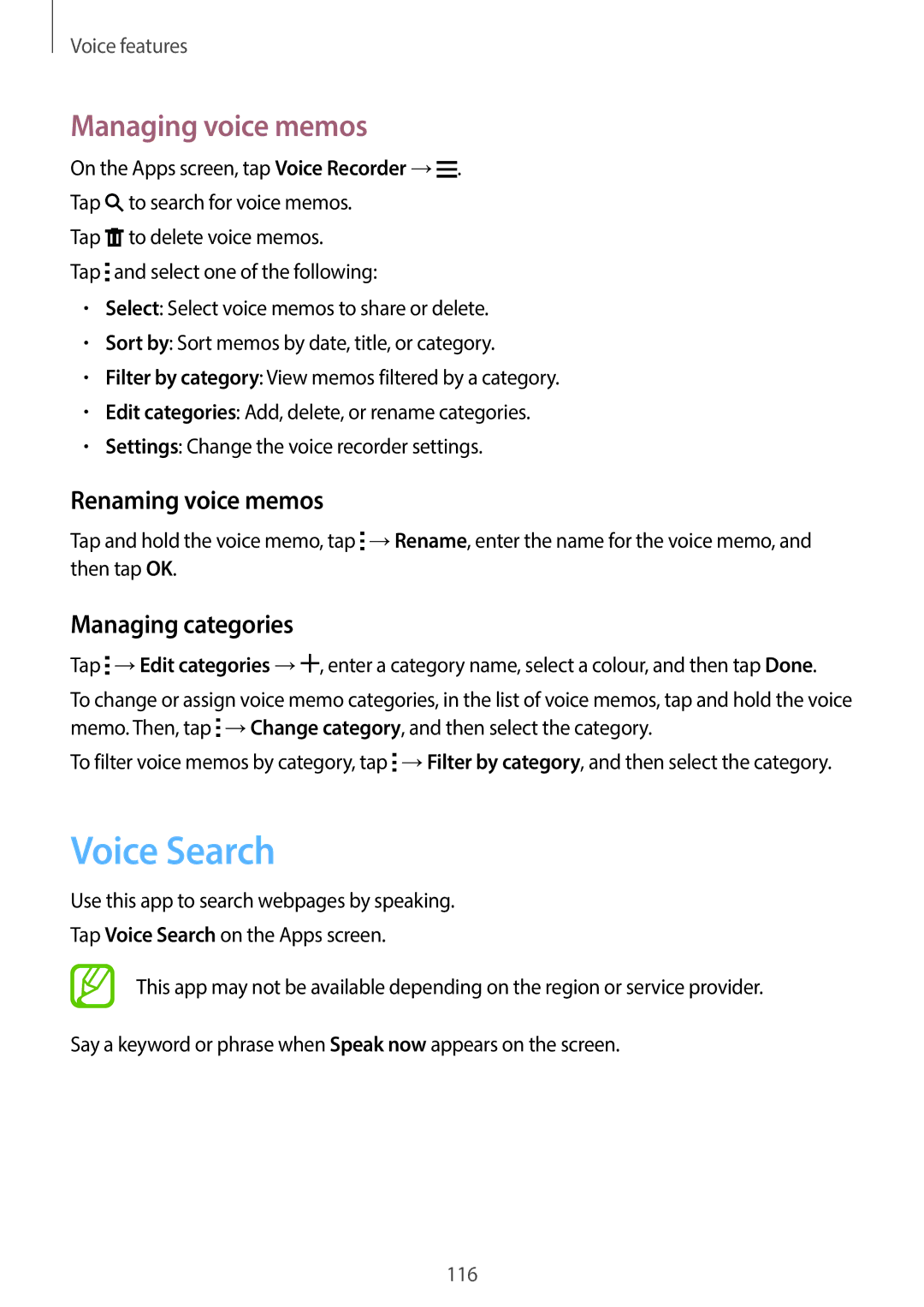 Samsung SM-C1110ZBAXXV, SM-C1110ZKAXXV manual Voice Search, Managing voice memos, Renaming voice memos, Managing categories 