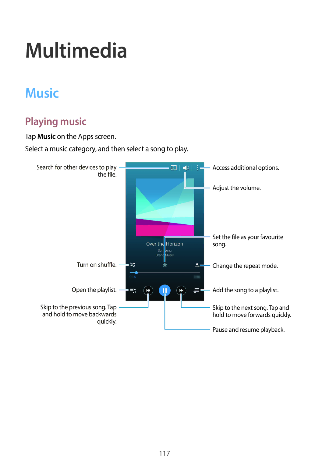 Samsung SM-C1110ZKAXXV, SM-C1110ZWAXXV, SM-C1110ZBAXXV manual Multimedia, Music, Playing music 