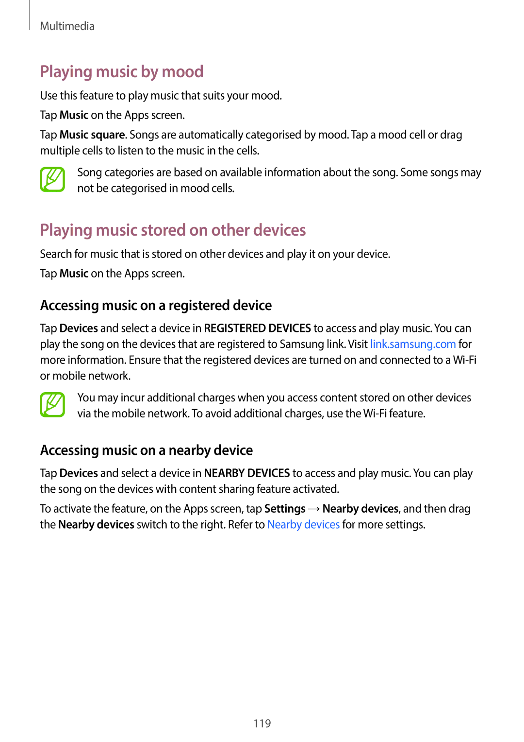 Samsung SM-C1110ZBAXXV Playing music by mood, Playing music stored on other devices, Accessing music on a nearby device 