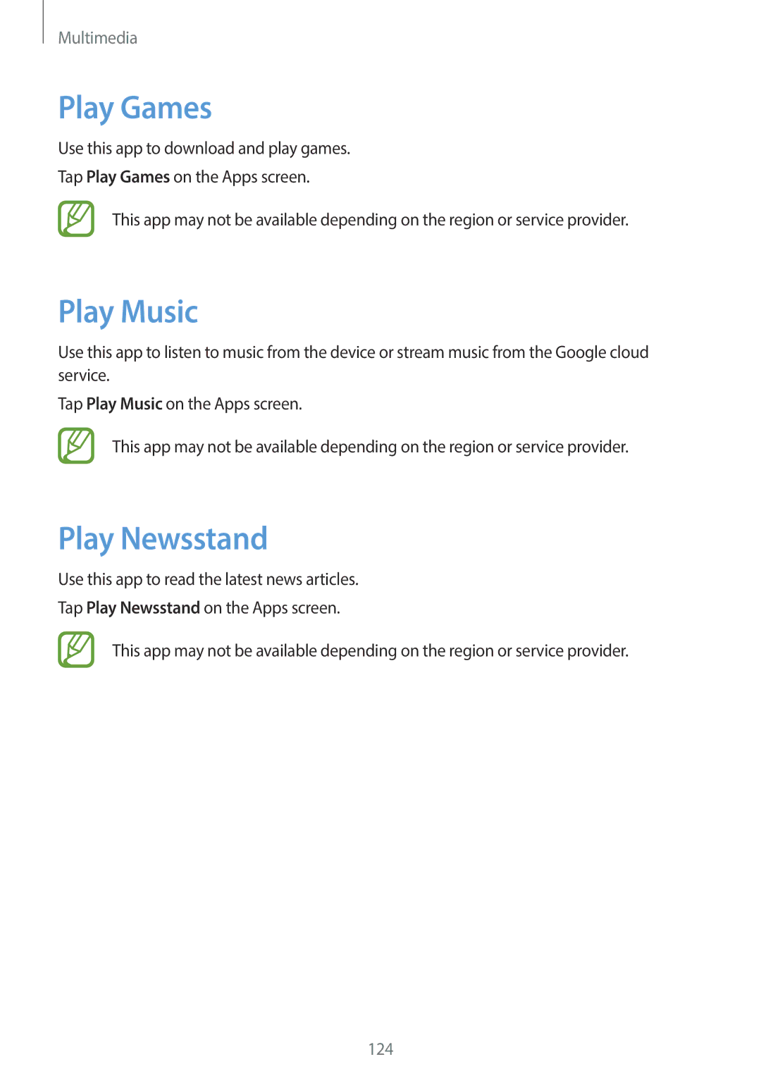 Samsung SM-C1110ZWAXXV, SM-C1110ZKAXXV, SM-C1110ZBAXXV manual Play Games, Play Music, Play Newsstand 