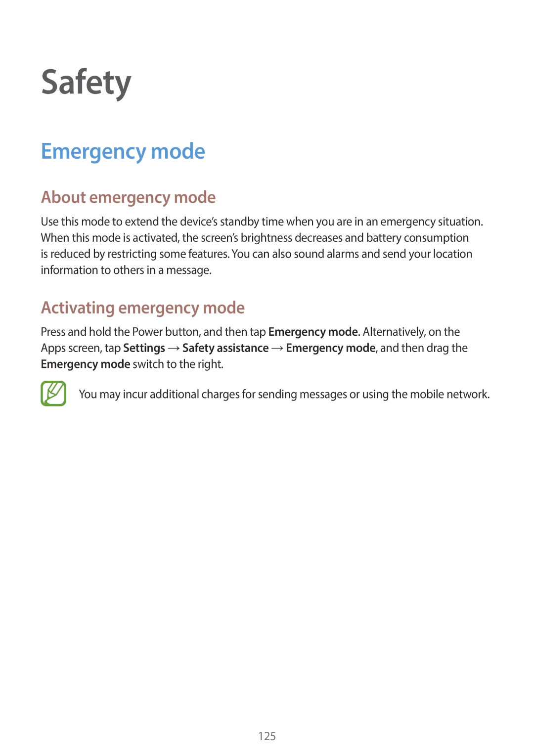 Samsung SM-C1110ZBAXXV, SM-C1110ZKAXXV manual Safety, Emergency mode, About emergency mode, Activating emergency mode 