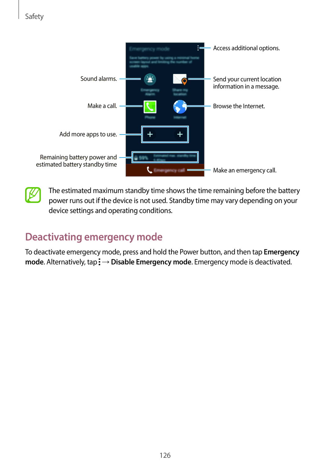 Samsung SM-C1110ZKAXXV, SM-C1110ZWAXXV, SM-C1110ZBAXXV manual Deactivating emergency mode, Safety 