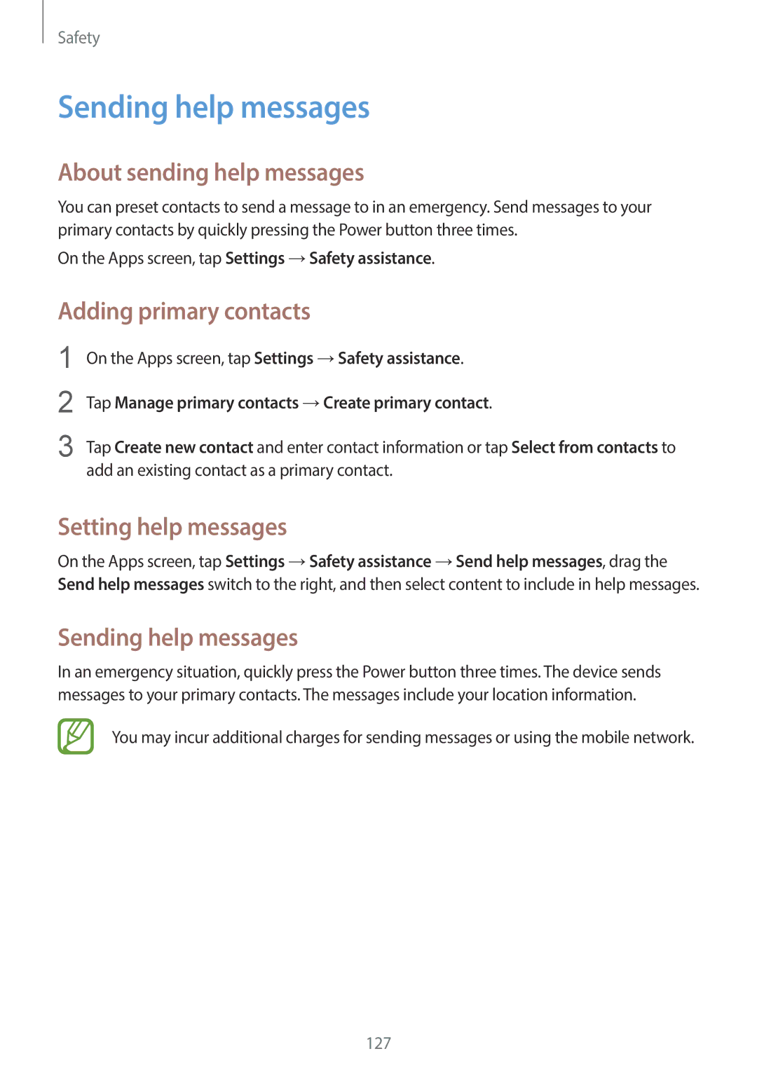 Samsung SM-C1110ZWAXXV Sending help messages, About sending help messages, Adding primary contacts, Setting help messages 