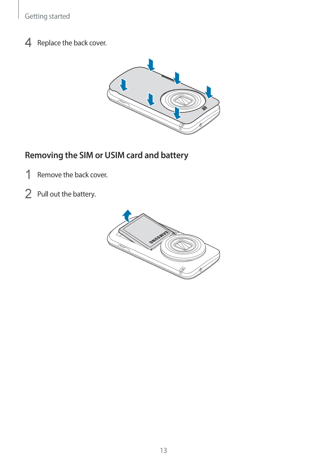 Samsung SM-C1110ZWAXXV, SM-C1110ZKAXXV, SM-C1110ZBAXXV Removing the SIM or Usim card and battery, Replace the back cover 