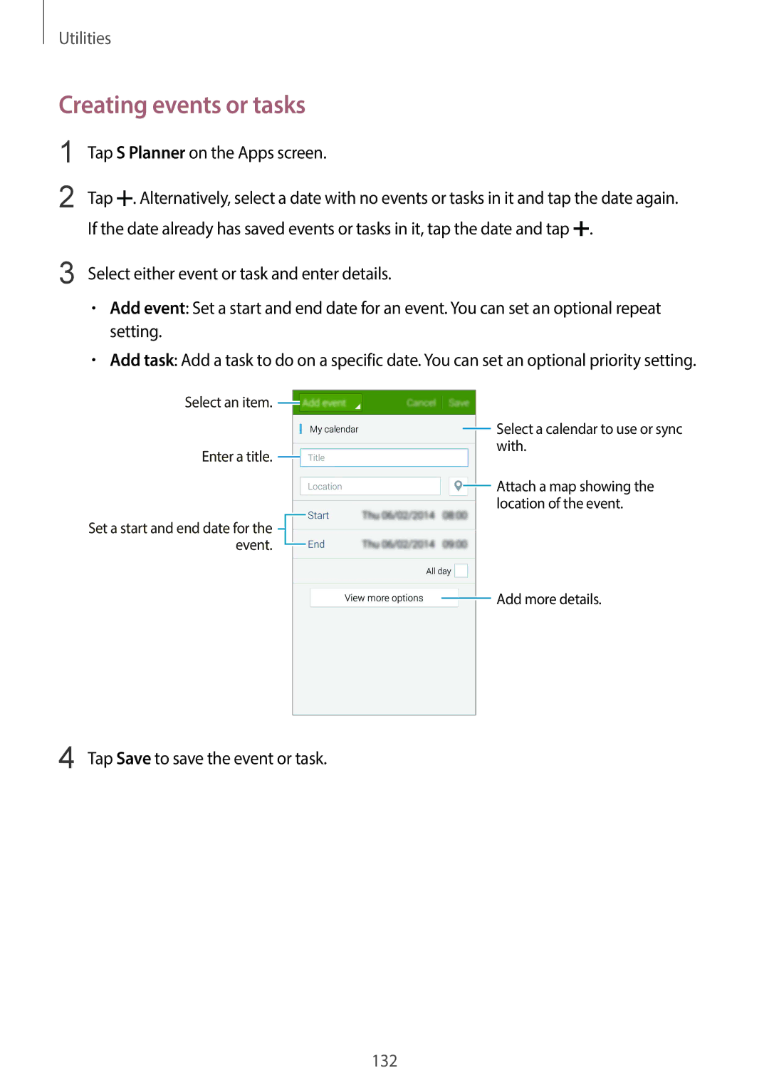 Samsung SM-C1110ZKAXXV Creating events or tasks, Tap S Planner on the Apps screen, Tap Save to save the event or task 