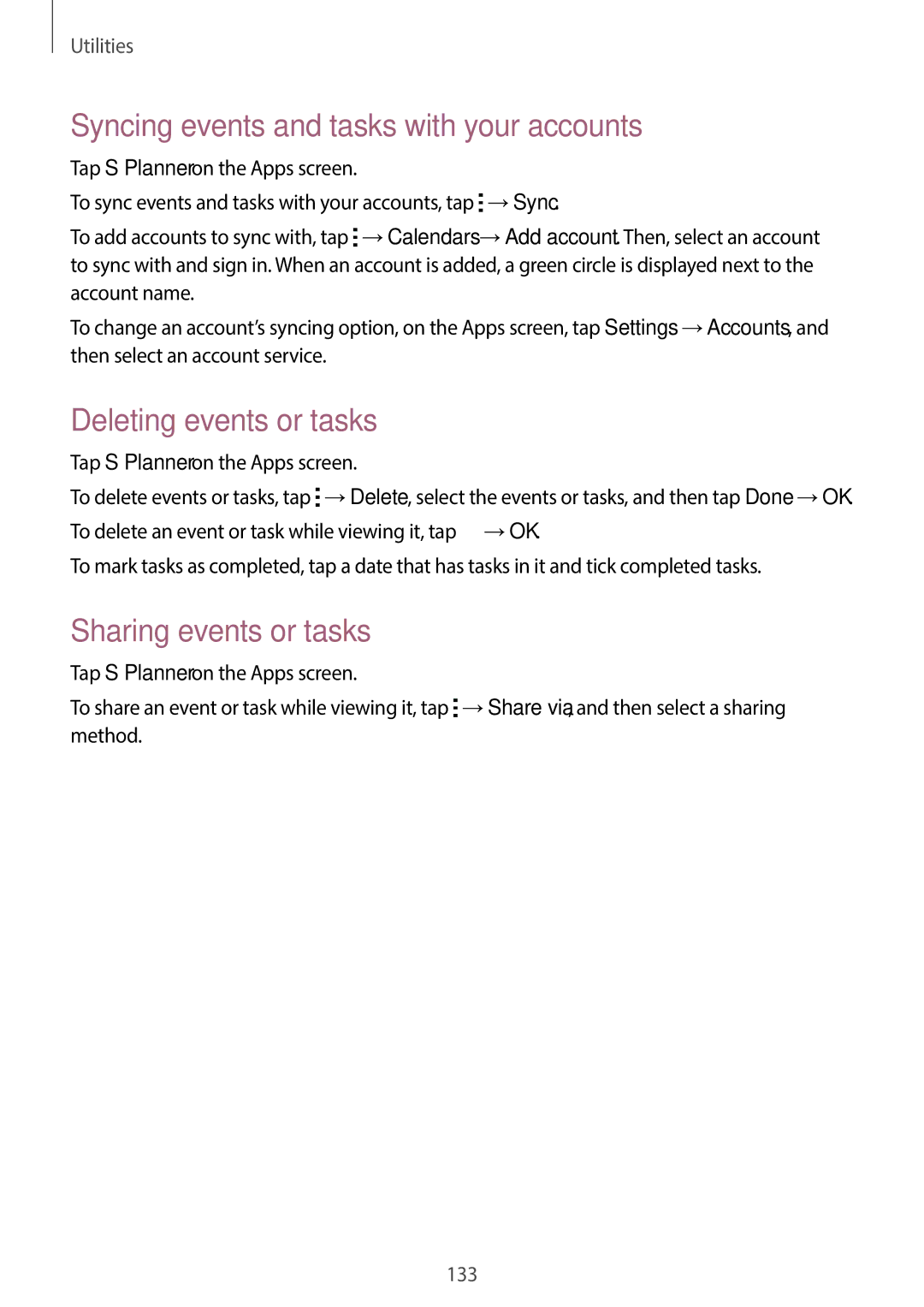 Samsung SM-C1110ZWAXXV Syncing events and tasks with your accounts, Deleting events or tasks, Sharing events or tasks 