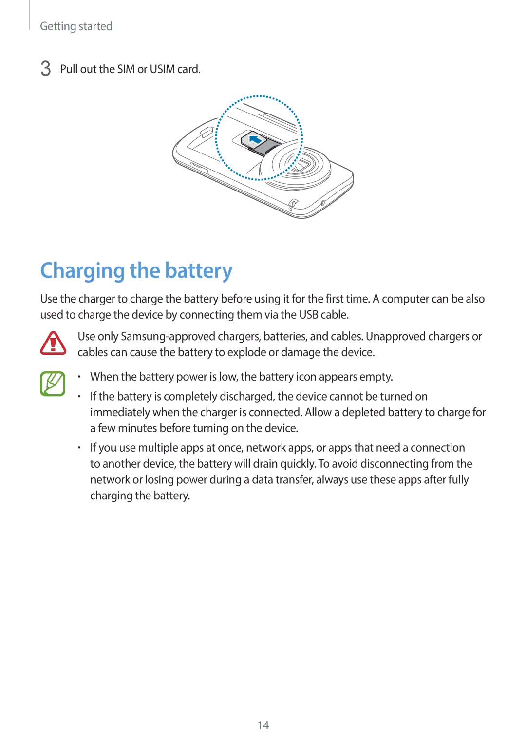 Samsung SM-C1110ZBAXXV, SM-C1110ZKAXXV, SM-C1110ZWAXXV manual Charging the battery, Pull out the SIM or Usim card 