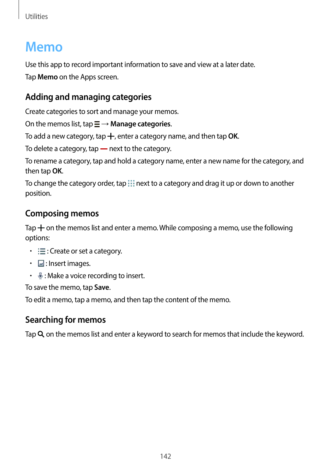 Samsung SM-C1110ZWAXXV, SM-C1110ZKAXXV manual Memo, Adding and managing categories, Composing memos, Searching for memos 