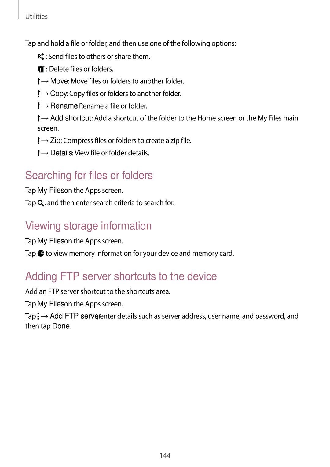 Samsung SM-C1110ZKAXXV, SM-C1110ZWAXXV, SM-C1110ZBAXXV manual Searching for files or folders, Viewing storage information 