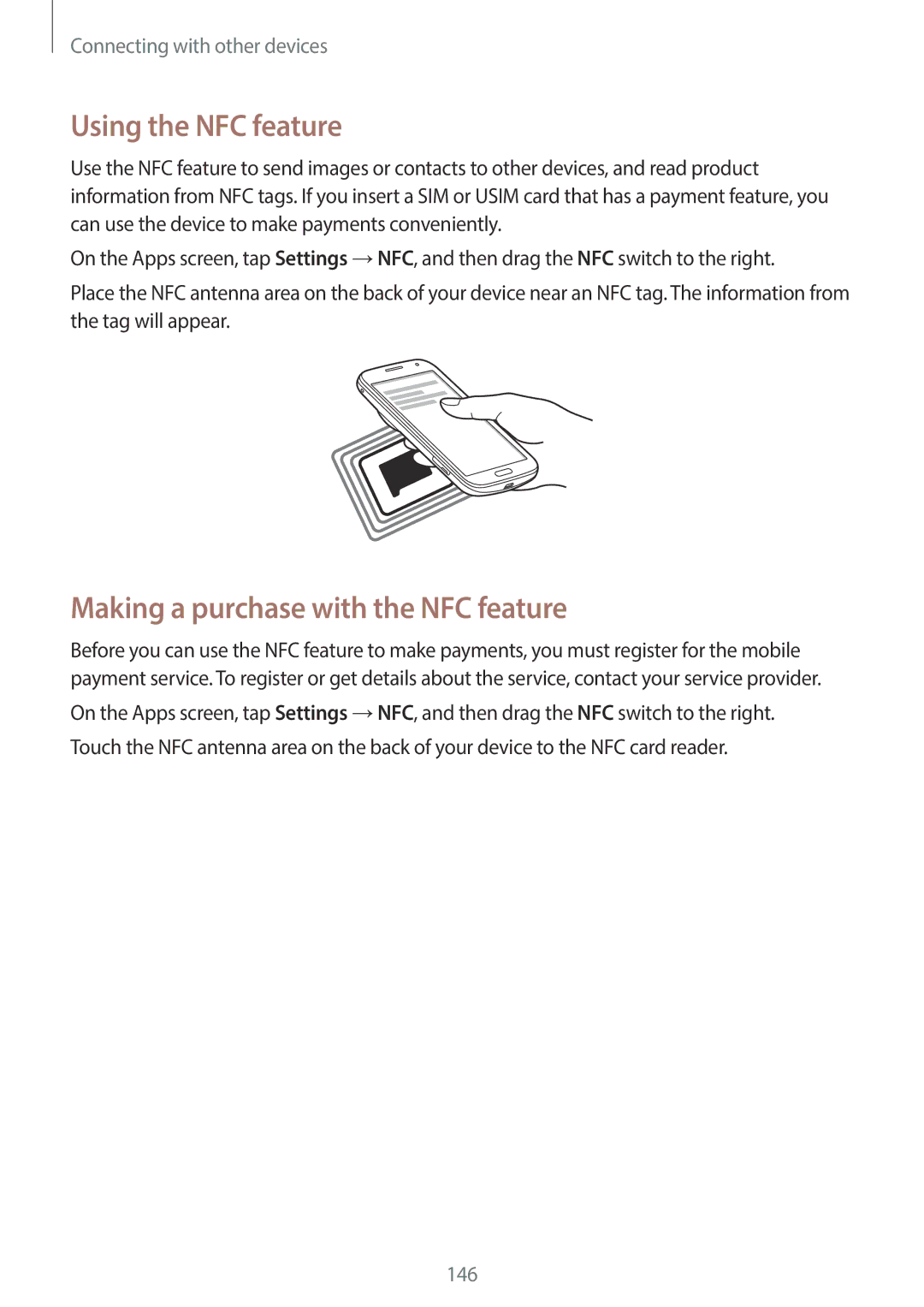 Samsung SM-C1110ZBAXXV, SM-C1110ZKAXXV, SM-C1110ZWAXXV manual Using the NFC feature, Making a purchase with the NFC feature 