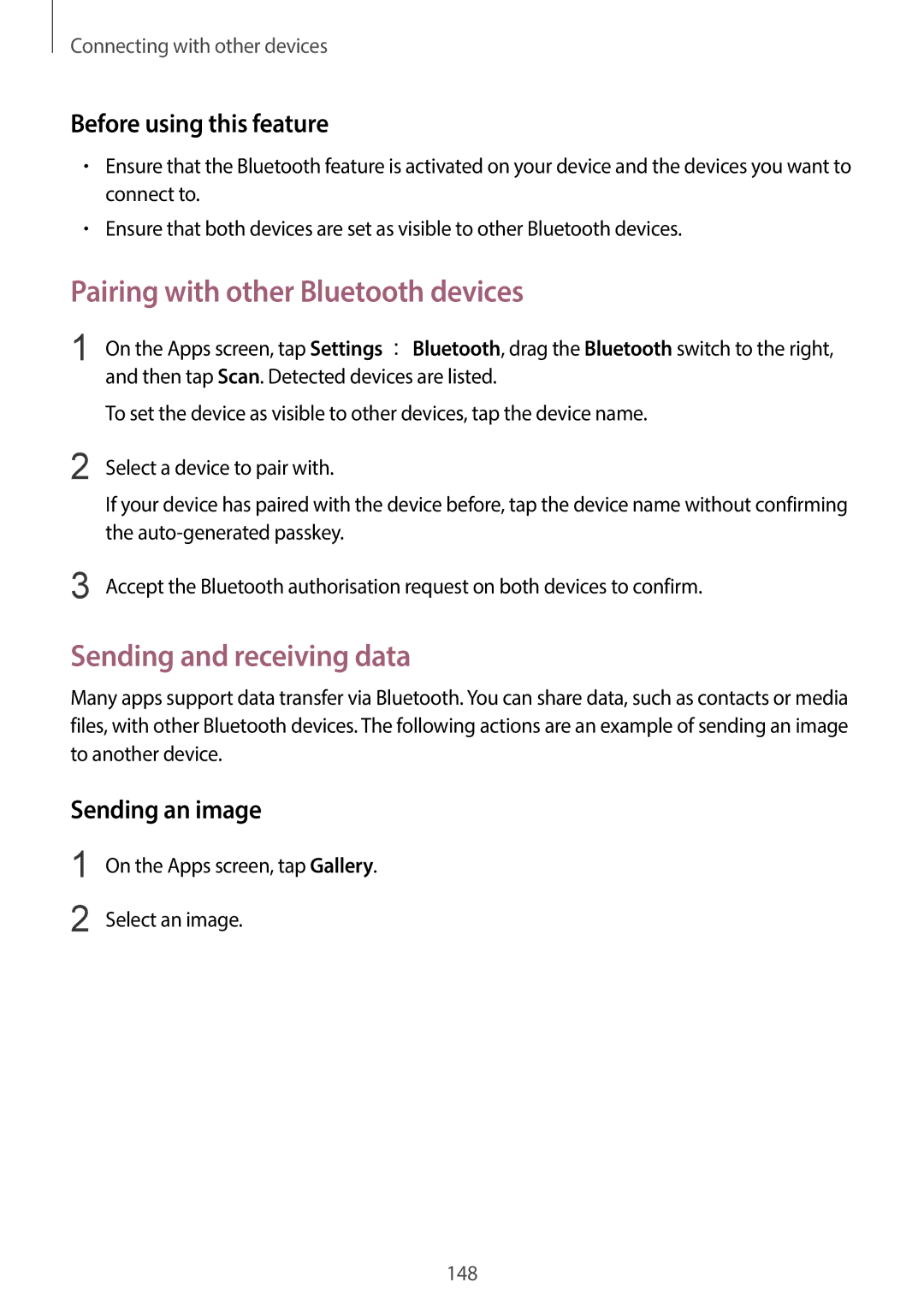 Samsung SM-C1110ZWAXXV, SM-C1110ZKAXXV Pairing with other Bluetooth devices, Sending and receiving data, Sending an image 