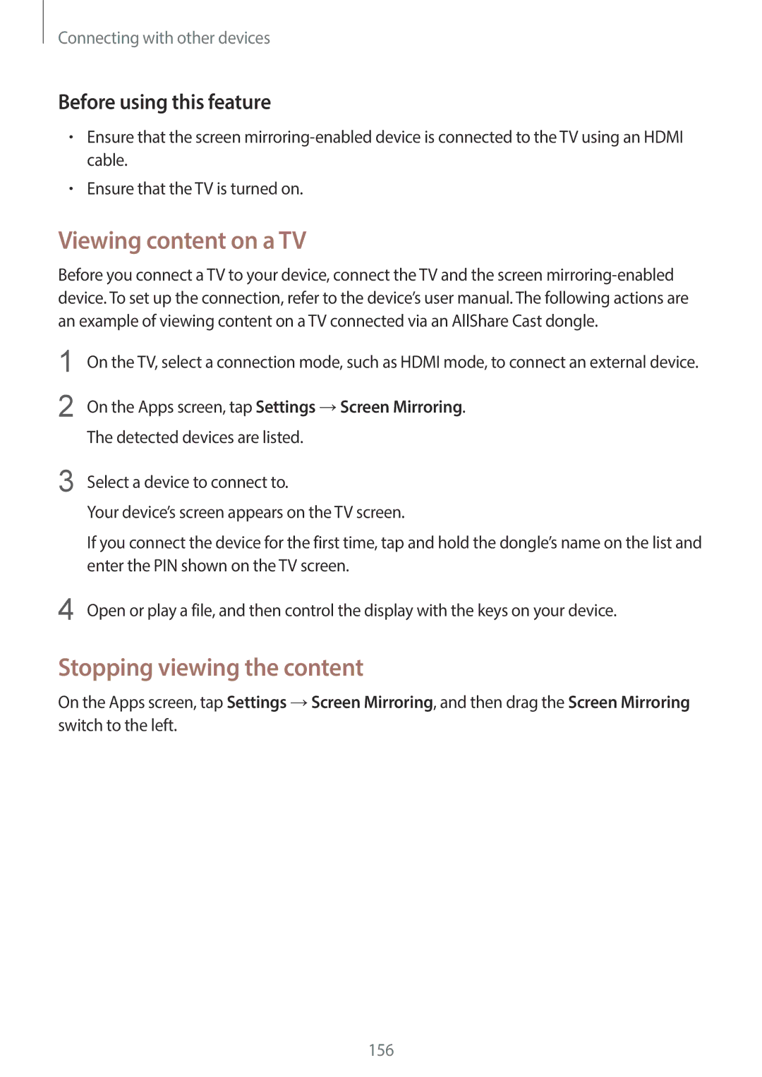 Samsung SM-C1110ZKAXXV, SM-C1110ZWAXXV, SM-C1110ZBAXXV manual Viewing content on a TV, Stopping viewing the content 