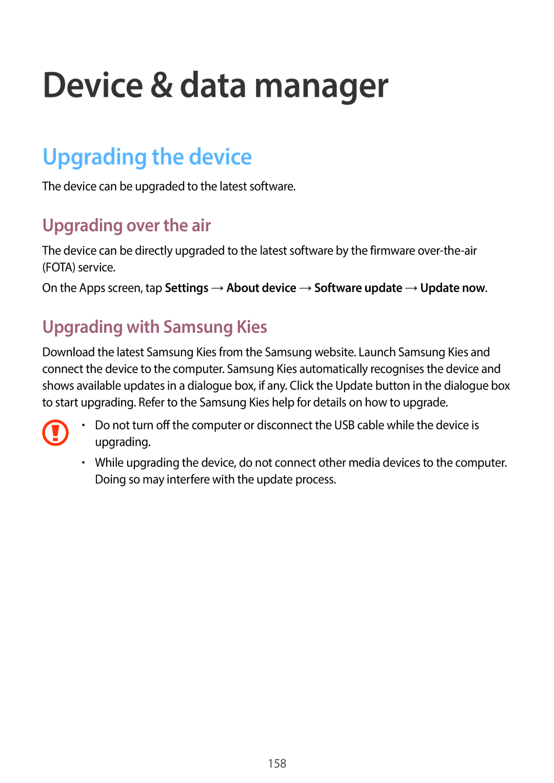 Samsung SM-C1110ZBAXXV Device & data manager, Upgrading the device, Upgrading over the air, Upgrading with Samsung Kies 