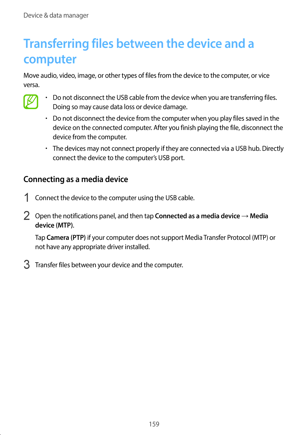 Samsung SM-C1110ZKAXXV Transferring files between the device and a computer, Connecting as a media device, Device MTP 