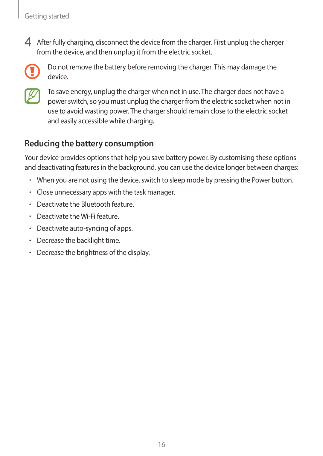 Samsung SM-C1110ZWAXXV, SM-C1110ZKAXXV, SM-C1110ZBAXXV manual Reducing the battery consumption 