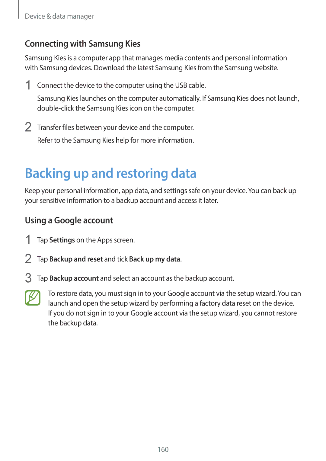 Samsung SM-C1110ZWAXXV, SM-C1110ZKAXXV Backing up and restoring data, Connecting with Samsung Kies, Using a Google account 