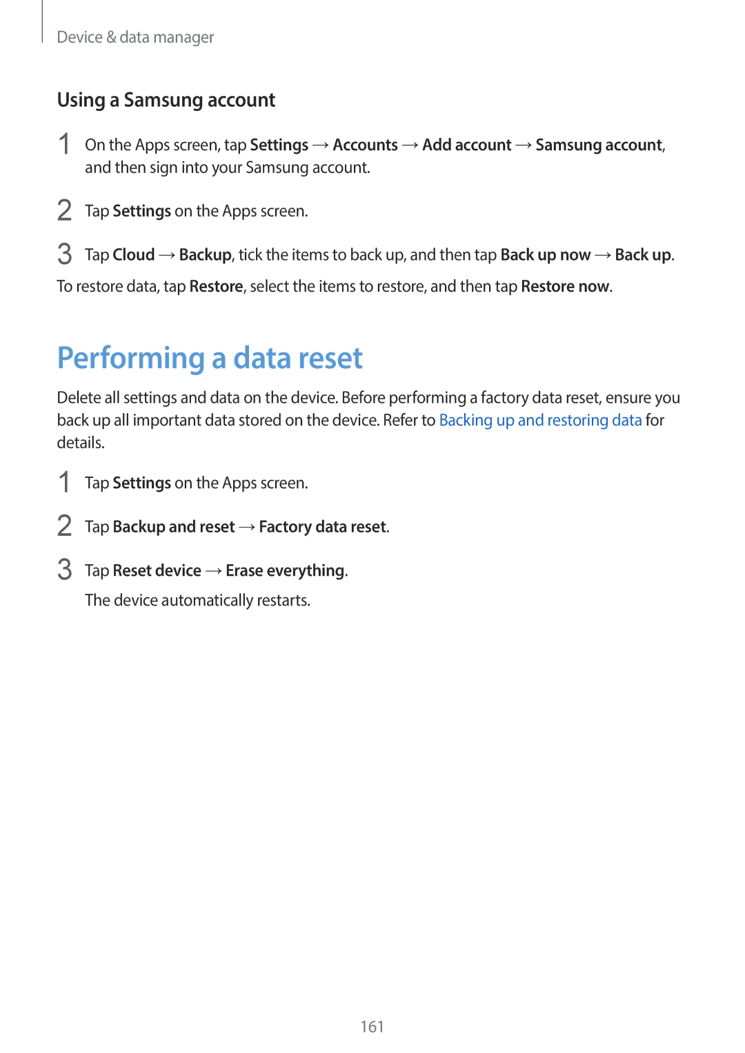 Samsung SM-C1110ZBAXXV manual Performing a data reset, Using a Samsung account, Then sign into your Samsung account 