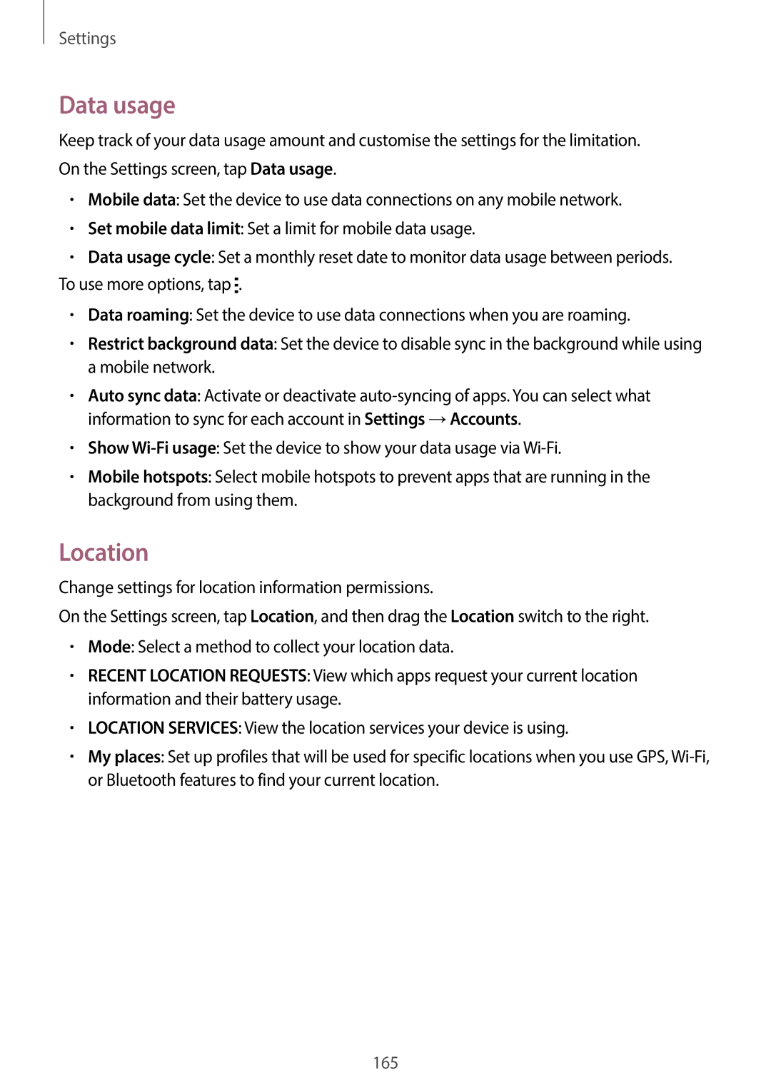 Samsung SM-C1110ZKAXXV, SM-C1110ZWAXXV, SM-C1110ZBAXXV manual Data usage, Location 