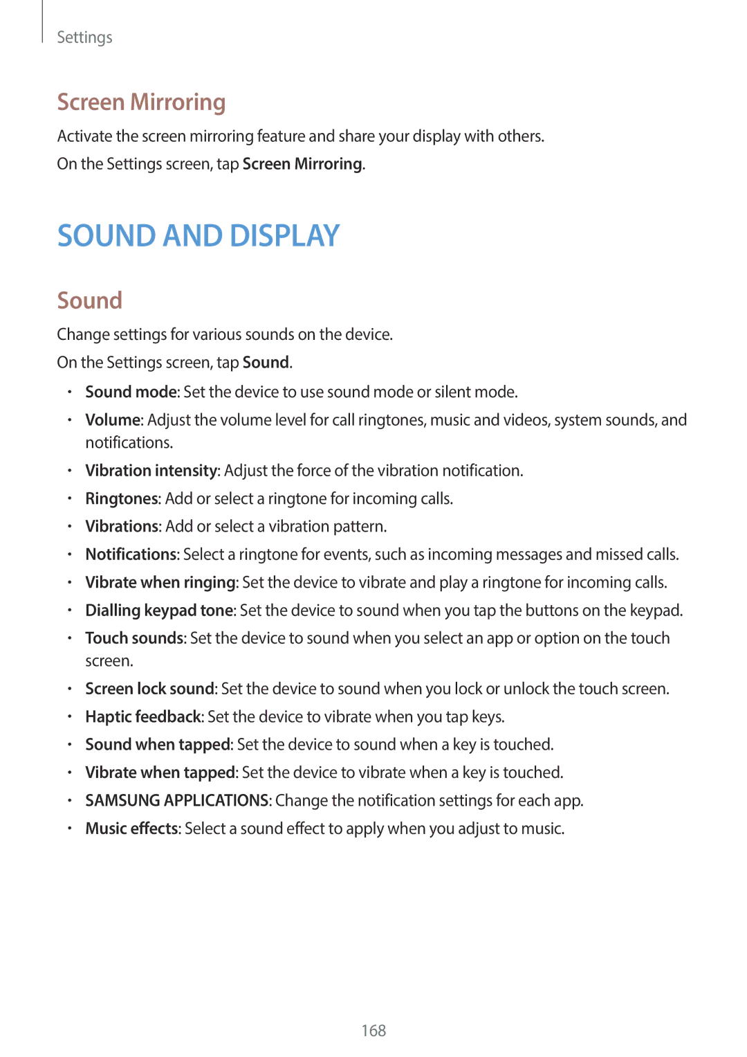 Samsung SM-C1110ZKAXXV, SM-C1110ZWAXXV, SM-C1110ZBAXXV manual Screen Mirroring, Sound 