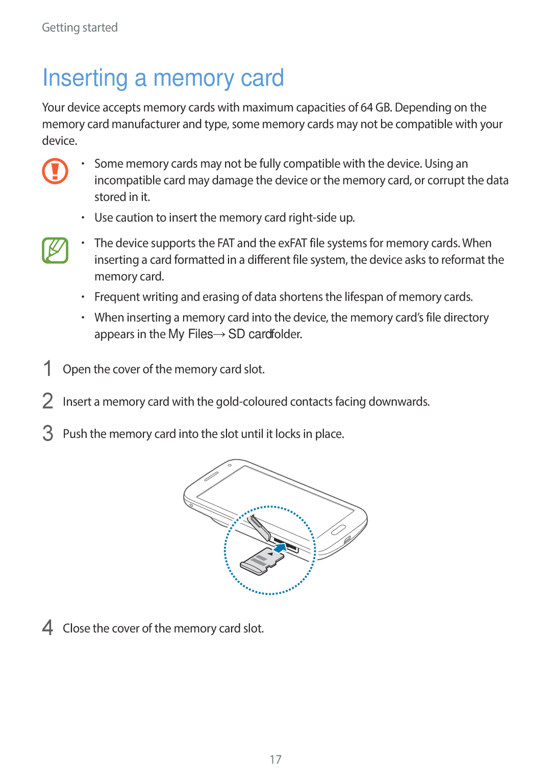 Samsung SM-C1110ZBAXXV, SM-C1110ZKAXXV, SM-C1110ZWAXXV manual Inserting a memory card 