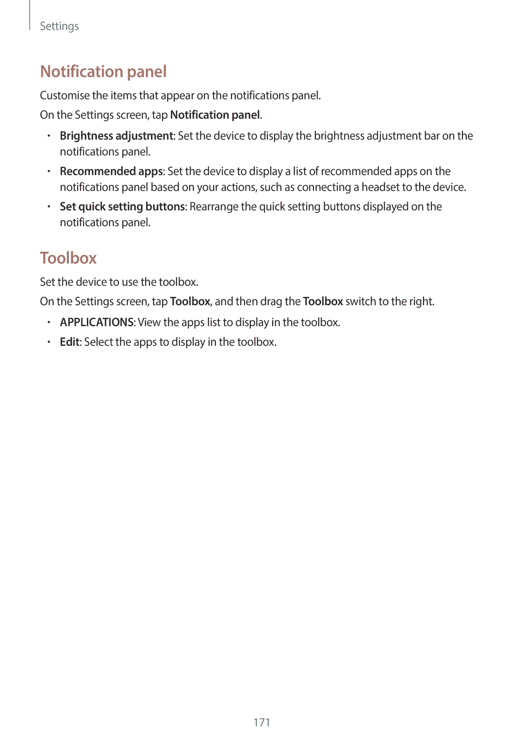 Samsung SM-C1110ZKAXXV, SM-C1110ZWAXXV, SM-C1110ZBAXXV manual Notification panel, Toolbox 