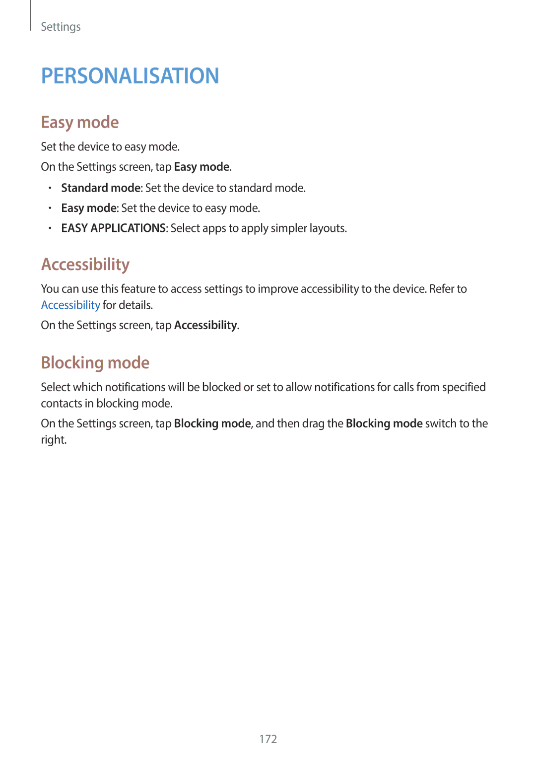 Samsung SM-C1110ZWAXXV, SM-C1110ZKAXXV, SM-C1110ZBAXXV manual Easy mode, Accessibility, Blocking mode 