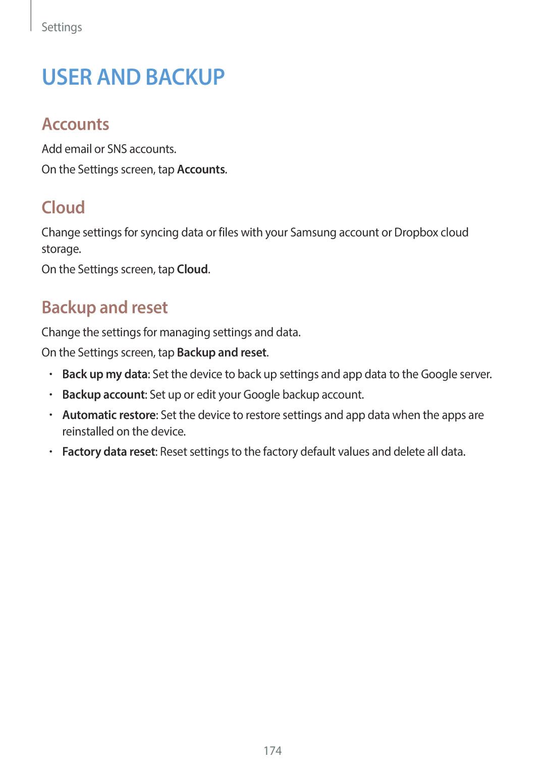 Samsung SM-C1110ZKAXXV, SM-C1110ZWAXXV, SM-C1110ZBAXXV manual Accounts, Cloud, Backup and reset 