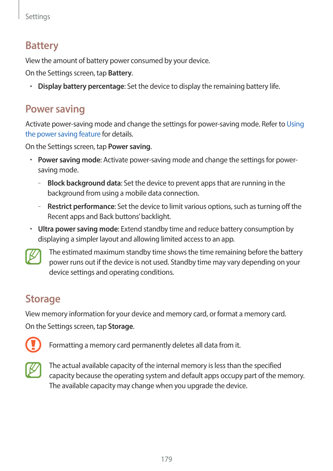 Samsung SM-C1110ZBAXXV, SM-C1110ZKAXXV, SM-C1110ZWAXXV manual Battery, Power saving, Storage 