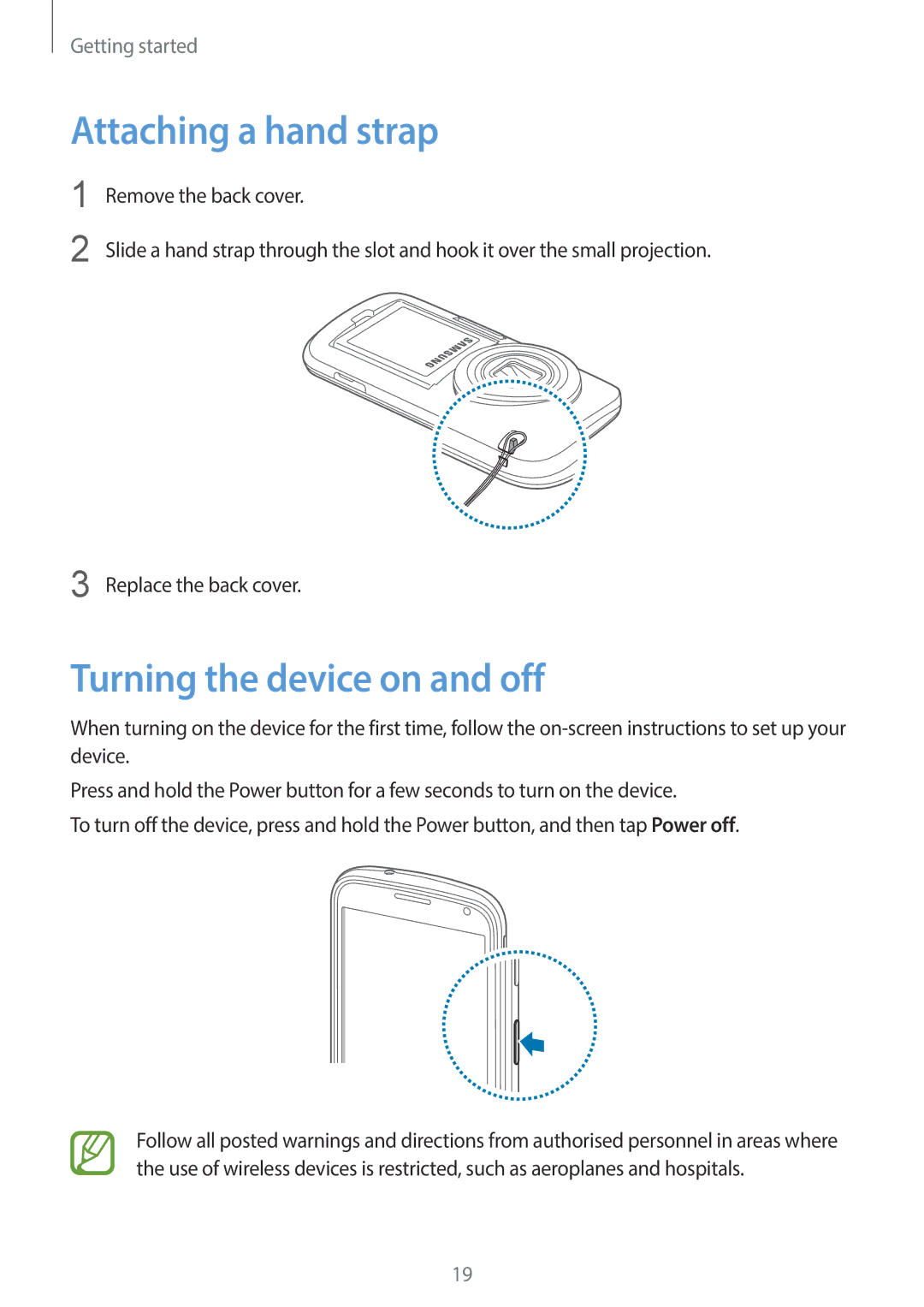 Samsung SM-C1110ZWAXXV, SM-C1110ZKAXXV, SM-C1110ZBAXXV manual Attaching a hand strap, Turning the device on and off 