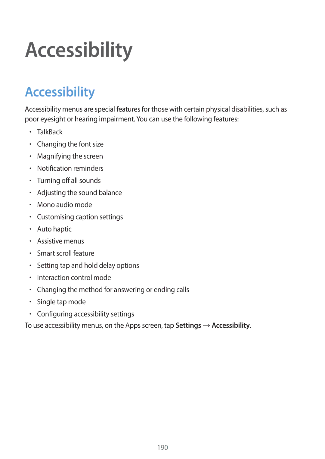 Samsung SM-C1110ZWAXXV, SM-C1110ZKAXXV, SM-C1110ZBAXXV manual Accessibility 