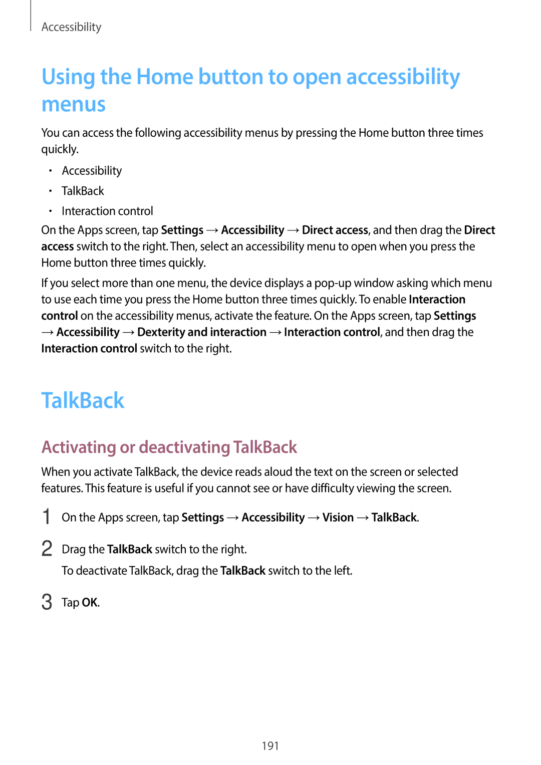 Samsung SM-C1110ZBAXXV manual Using the Home button to open accessibility menus, Activating or deactivating TalkBack 